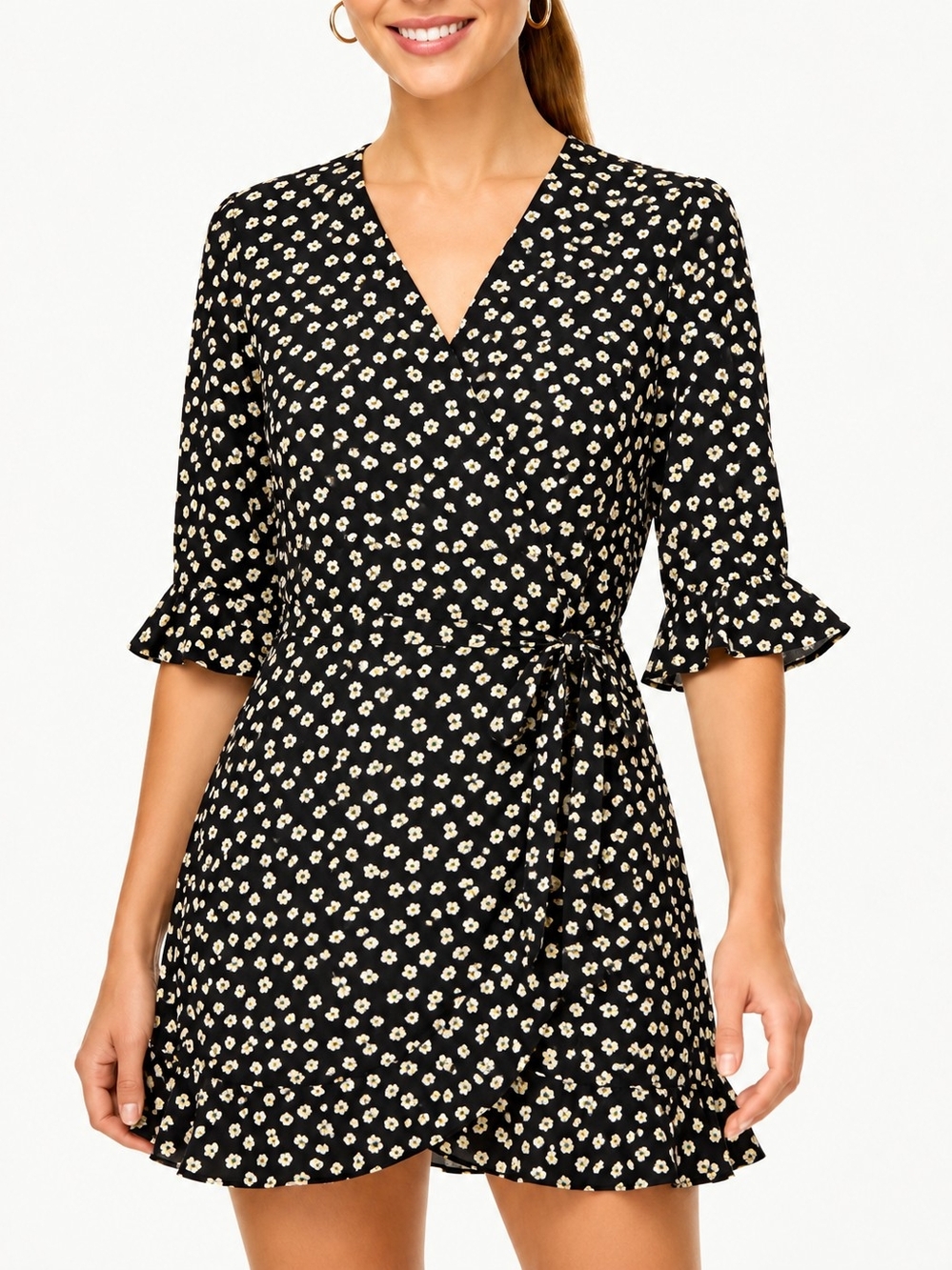 LOFT 10P Black Floral Wrap-Style Romper | Flutter Sleeve